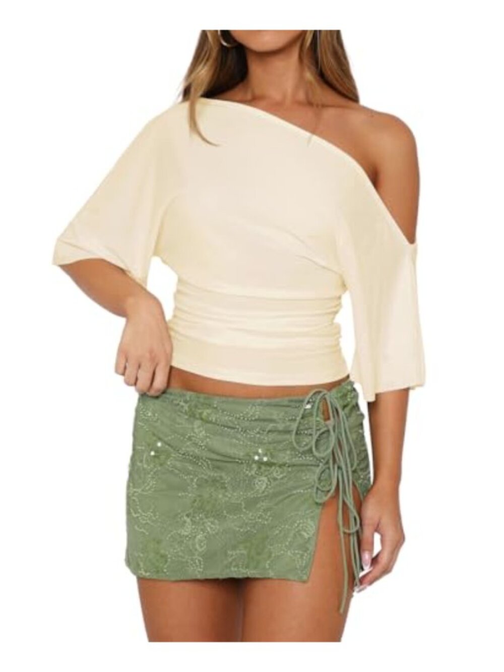 Off The Shoulder Asymmetrical Cinched Waist Short Sleeve Top